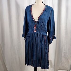 Shyanne Teal Blue Embroidered V-Neck Dress Size L